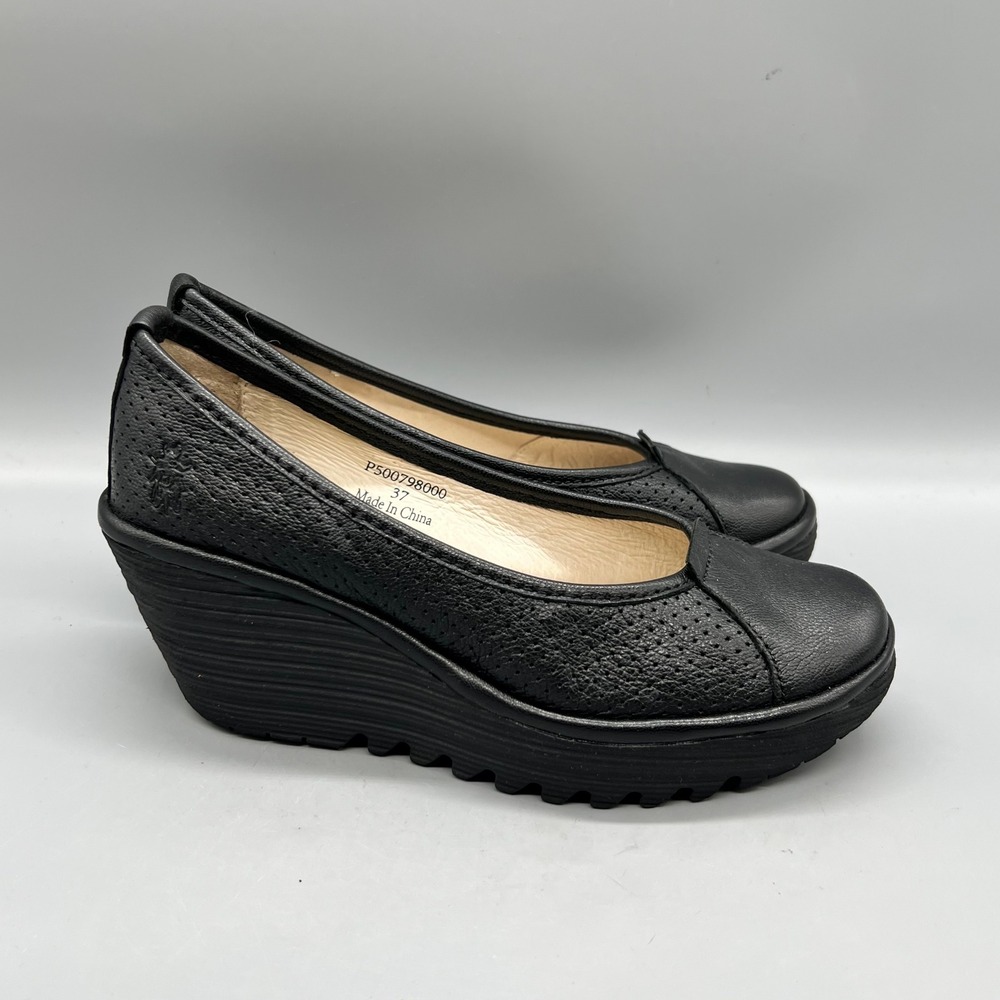 Fly London Womens 6.5 Black Leather Perforated Slip On Wedge Platform Pumps